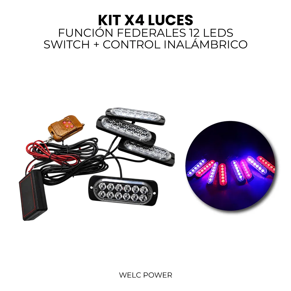 KIT X4 LUCES FEDERALES 12 LED + SWITCH - CONTROL INALÁMBRICO