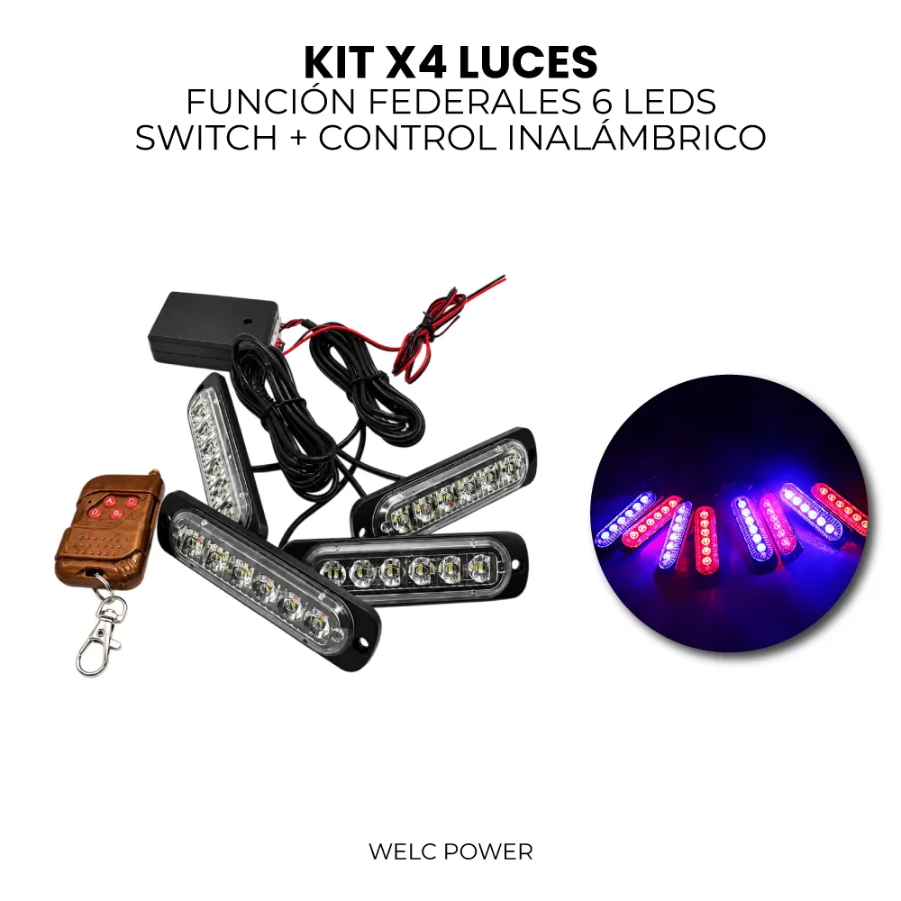 KIT X4 LUCES FEDERALES 6 LED + SWITCH - CONTROL INALÁMBRICO