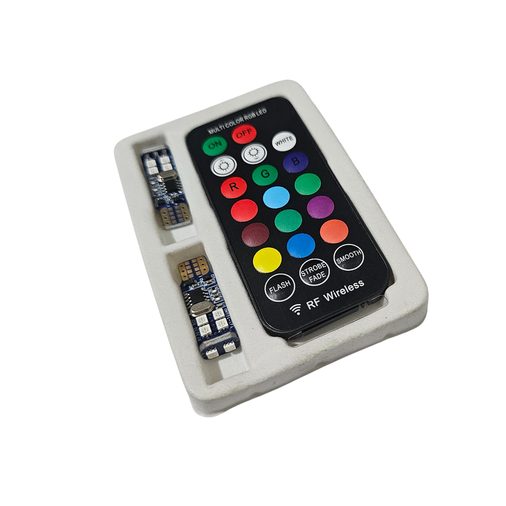 [429] PAR BOMBILLOS COCUYOS T10 RGB BAYONETA + CONTROL INALÁMBRICO