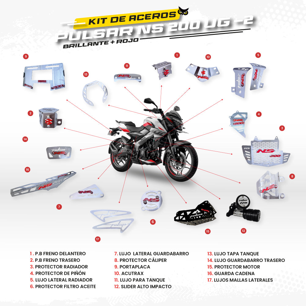 [2249] ARMADURA BAJAJ PULSAR NS 200 UG - 2 (CON BARRAS INVERTIDAS) - KIT EN ACERO (Plateado logo Rojo)
