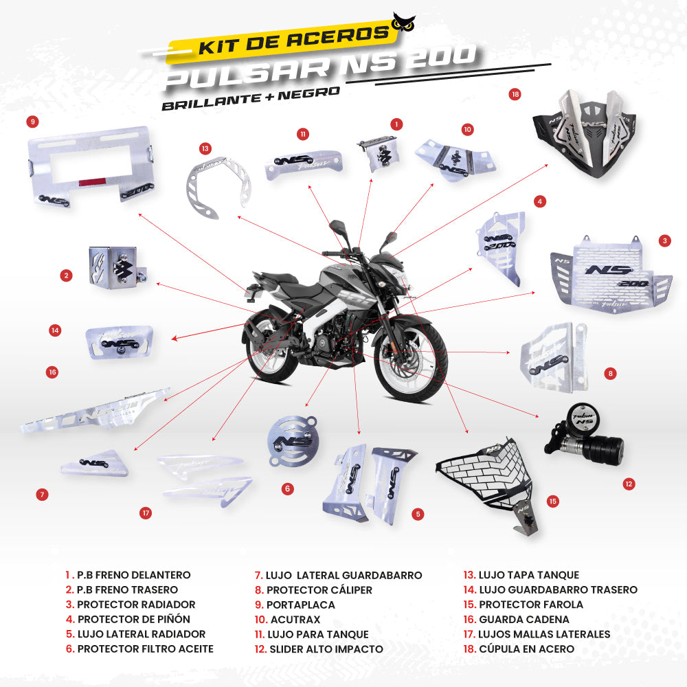 ARMADURA BAJAJ PULSAR NS 200 (CONVENCIONAL) - KIT EN ACERO (Plateado 3)