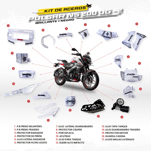 ARMADURA BAJAJ PULSAR NS 200 UG - 2 (CON BARRAS INVERTIDAS) - KIT EN ACERO