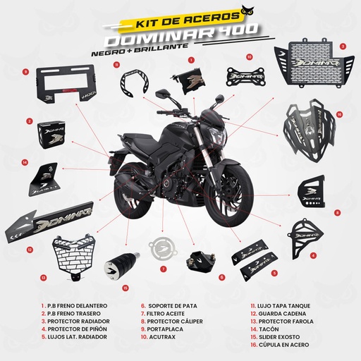 ARMADURA BAJAJ DOMINAR 400 UG - KIT EN ACERO
